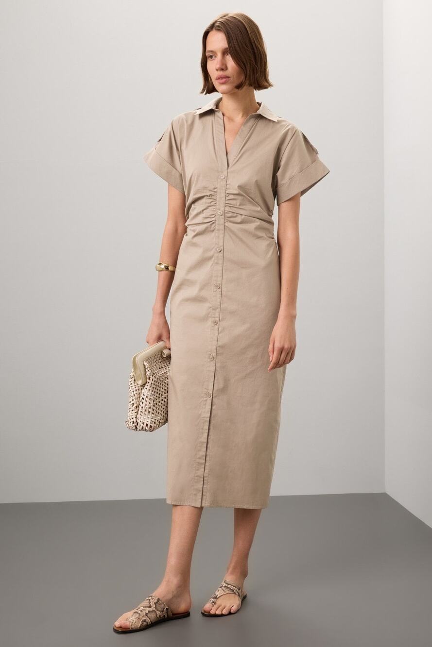 SAUNDERS Beige Tan Ruched Button-Down Front Collared Shirt Dress Size 4